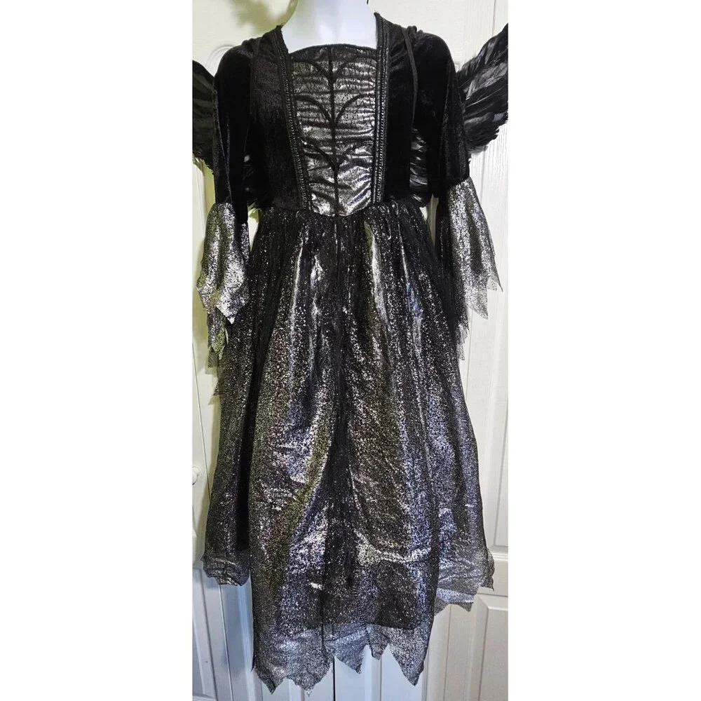 Dark Fallen Gothic Angel Costume Girls 8-10 Witch Dress Wings Halo Black Velvet - Picture 3 of 7